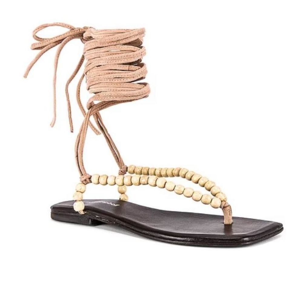 Jeffrey Campbell Leather Xeniah Beaded Ankle Strap Flat Sandal Brown Size 7/38